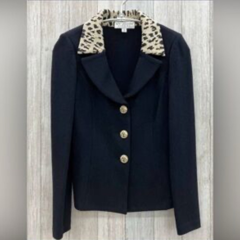 ST JOHN EVENING Black sweater Blazer with  Print Collar Made in USA New NWOT